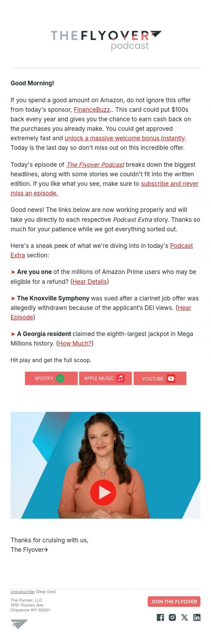Email Design Inspiration from The Flyover Podcast, Amazon Refund Update, DEI Dispute, Mega Millions History