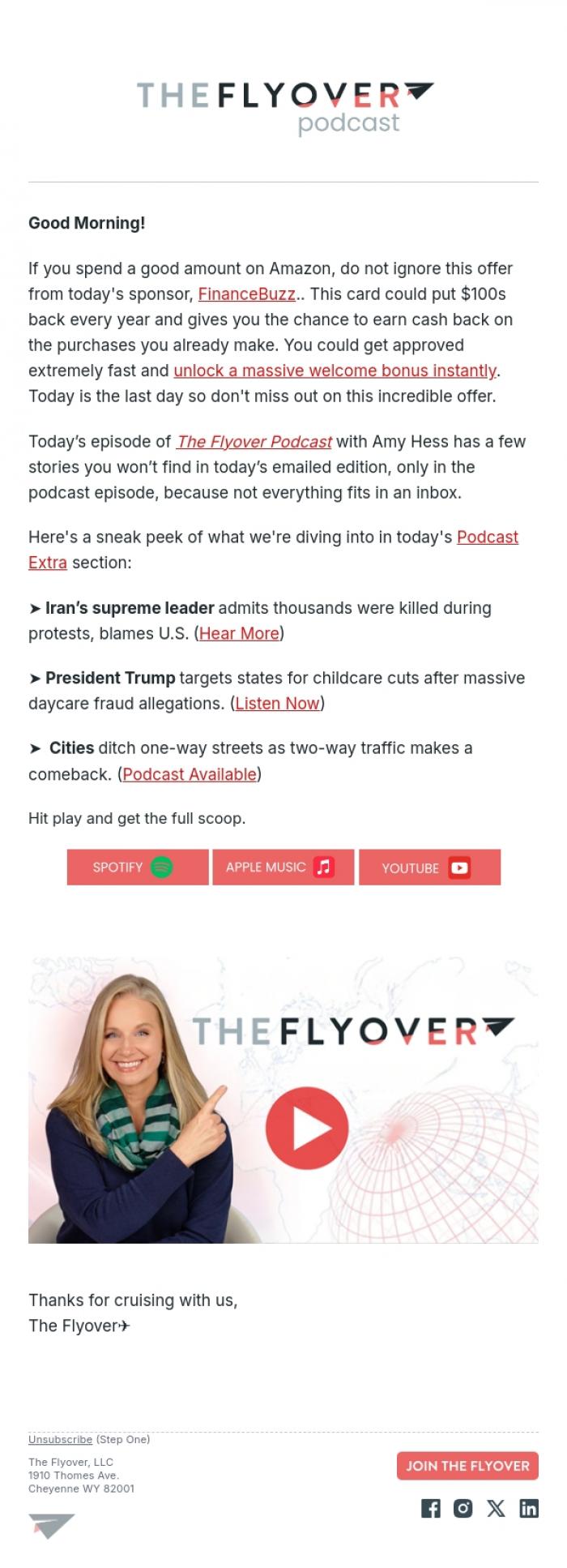 Email Design Inspiration from The Flyover Podcast, Iran Protest Deaths, Childcare Cuts Targeted, and a Traffic Shift in Cities