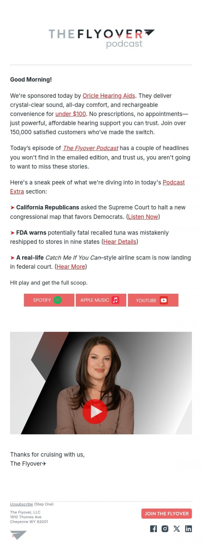 Email Design Inspiration from The Flyover Podcast, CA Congressional Map Debate, Fatal Tuna in Stores, Airline Scam Scandal