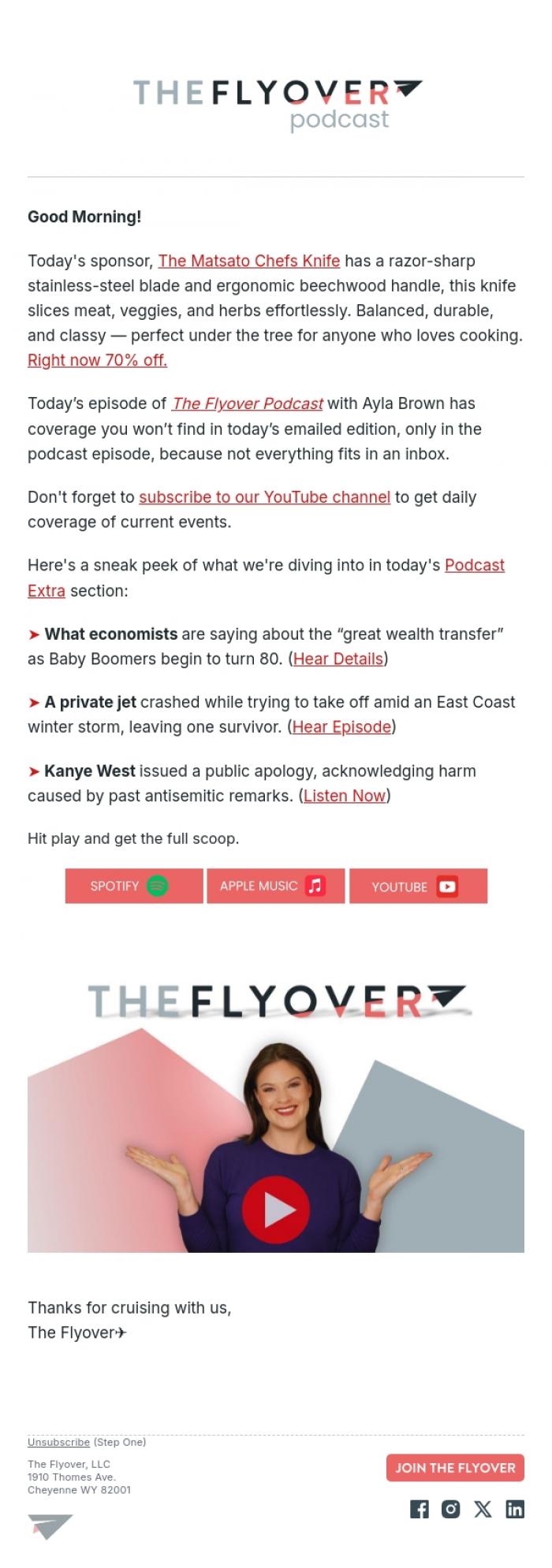 Email Design Inspiration from The Flyover Podcast, Baby Boomers Inheritance, Kanye West Apologizes, Plane Crash