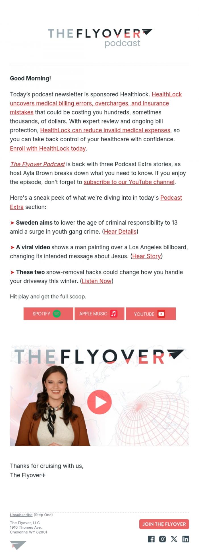 Email Design Inspiration from The Flyover Podcast, Sweden Change Law, Viral Jesus Billboard, Snow-removal Hacks