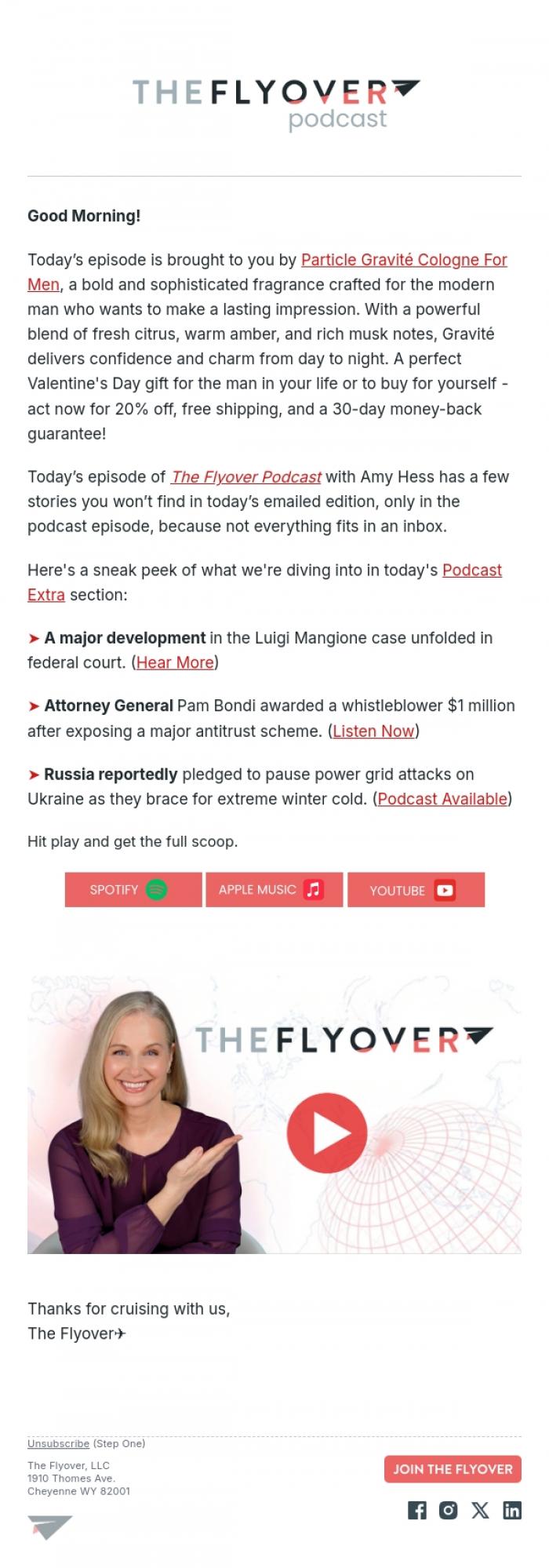 Email Design Inspiration from The Flyover Podcast, Luigi Mangione Trial, Whistleblower Award, Russia to Pause Attacks