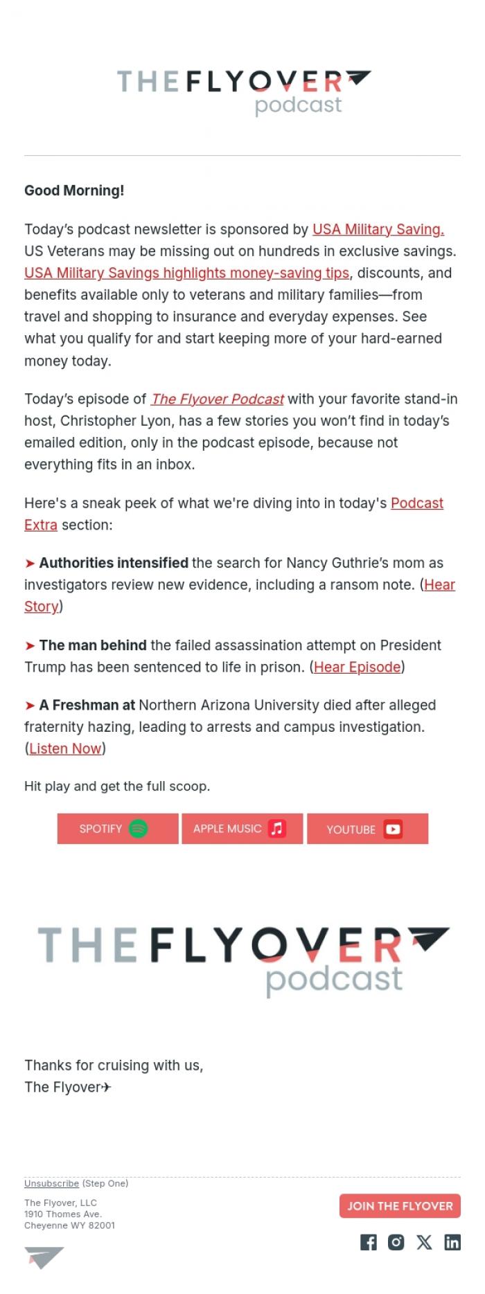 Email Design Inspiration from The Flyover Podcast, Ransom Note Found, Trump's Failed Assassin, Hazing Death