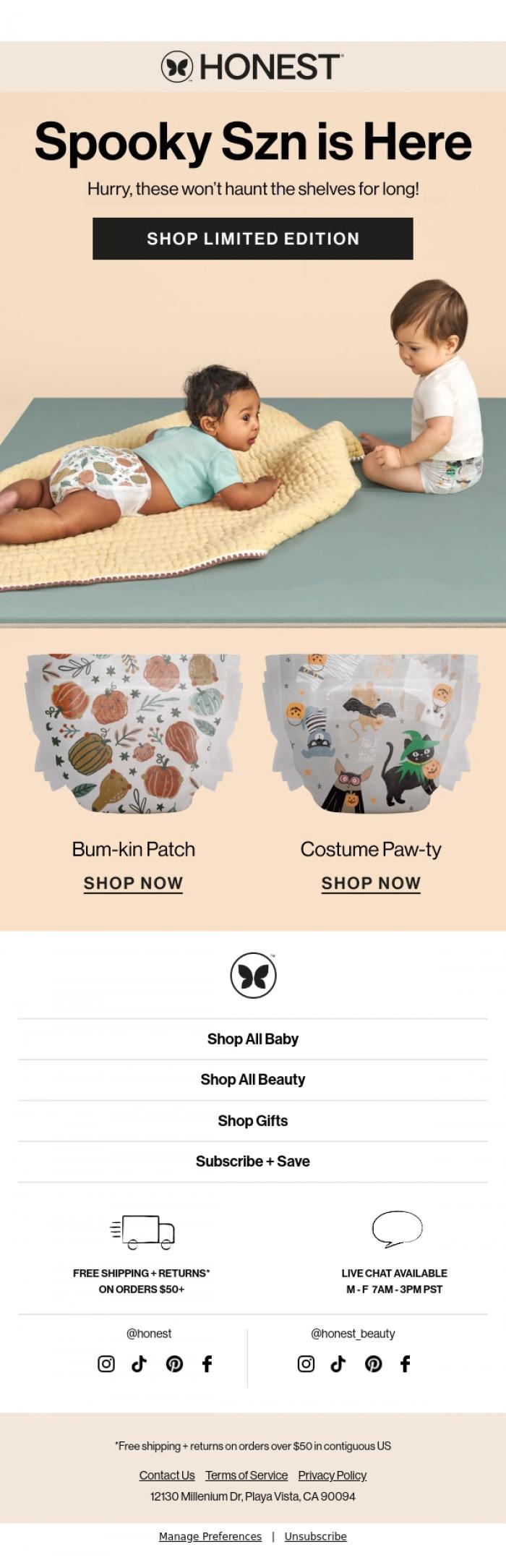 Email Design Inspiration from The Honest Company, Going Fast: Spook-tacular Falloween Diapers 👻