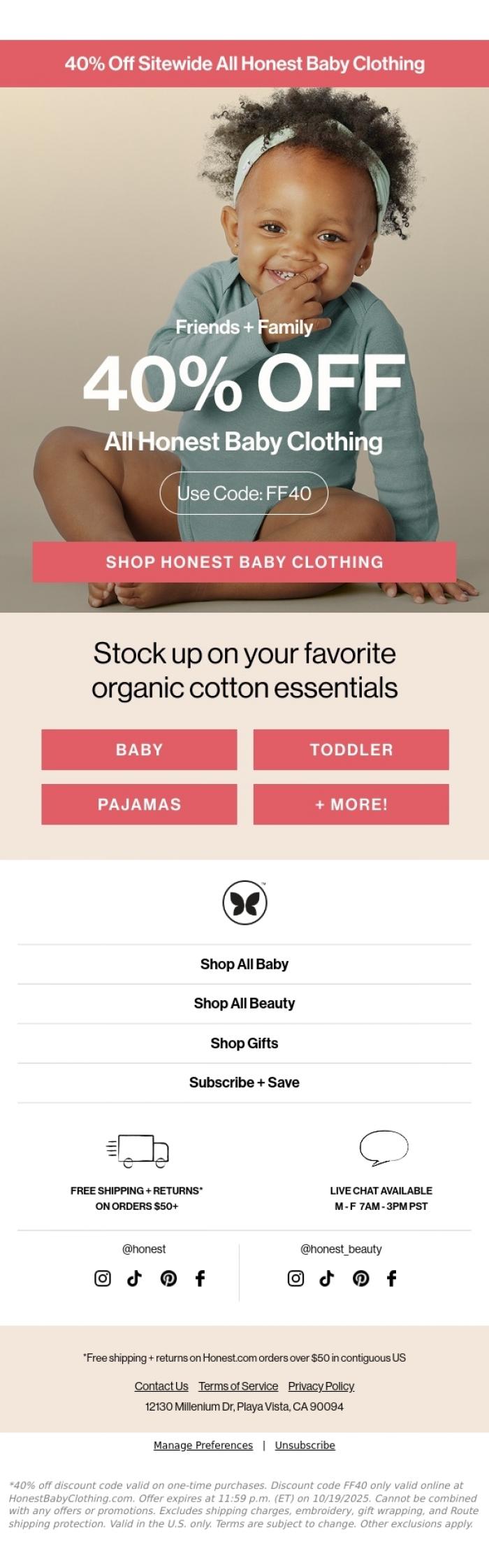 Email Design Inspiration from The Honest Company, Get 40% Off All Honest Baby Clothing