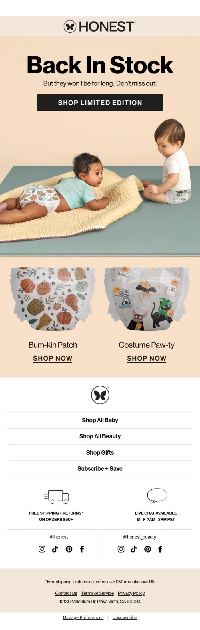 Email Design Inspiration from The Honest Company, Back In Stock: Falloween Diapers 🎃
