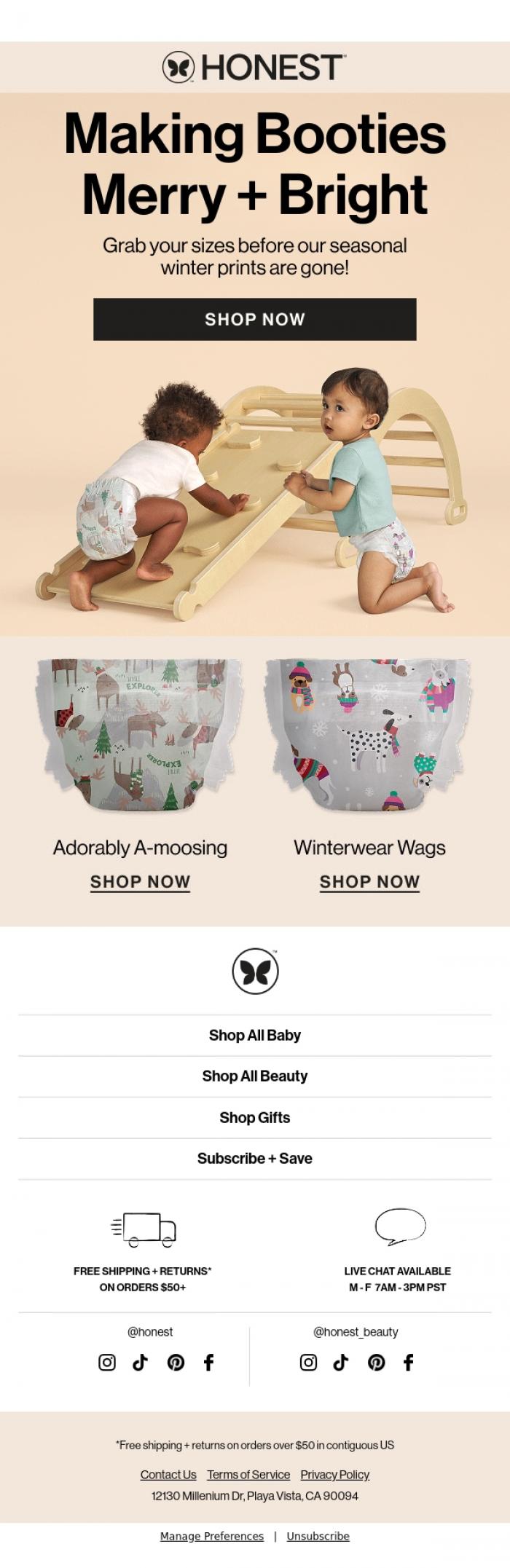 Email Design Inspiration from The Honest Company, Limited drop alert: our winter diapers are here to sleigh 🦌