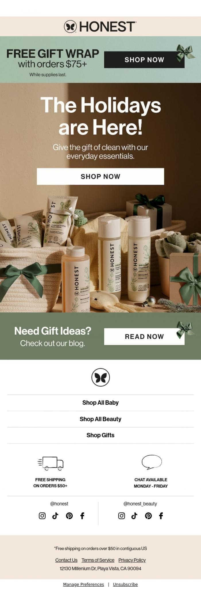 Email Design Inspiration from The Honest Company, FREE Gift Wrap with Orders Over $75