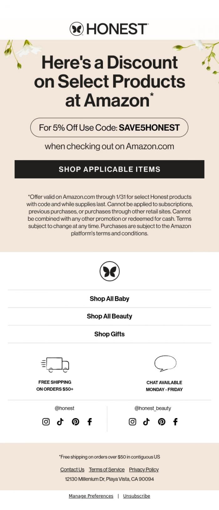 Email Design Inspiration from The Honest Company, Here's 5% off select products on Amazon!