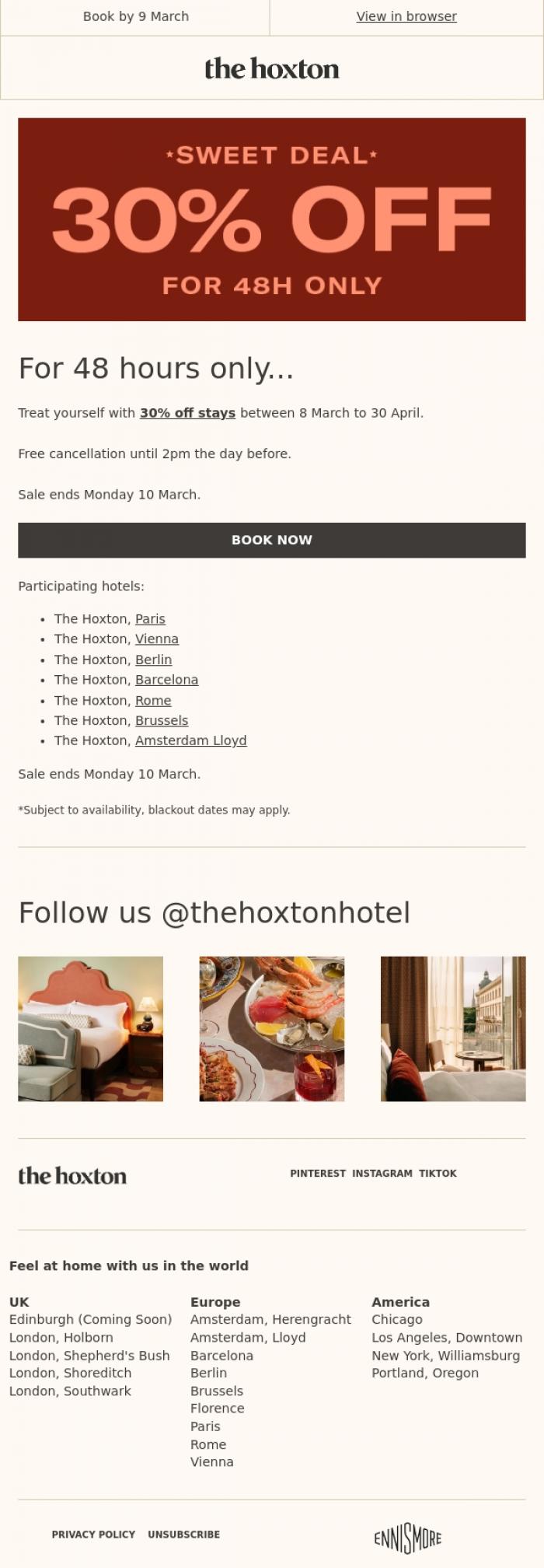 Email Design Inspiration from The Hoxton, 30% off! Flash sale