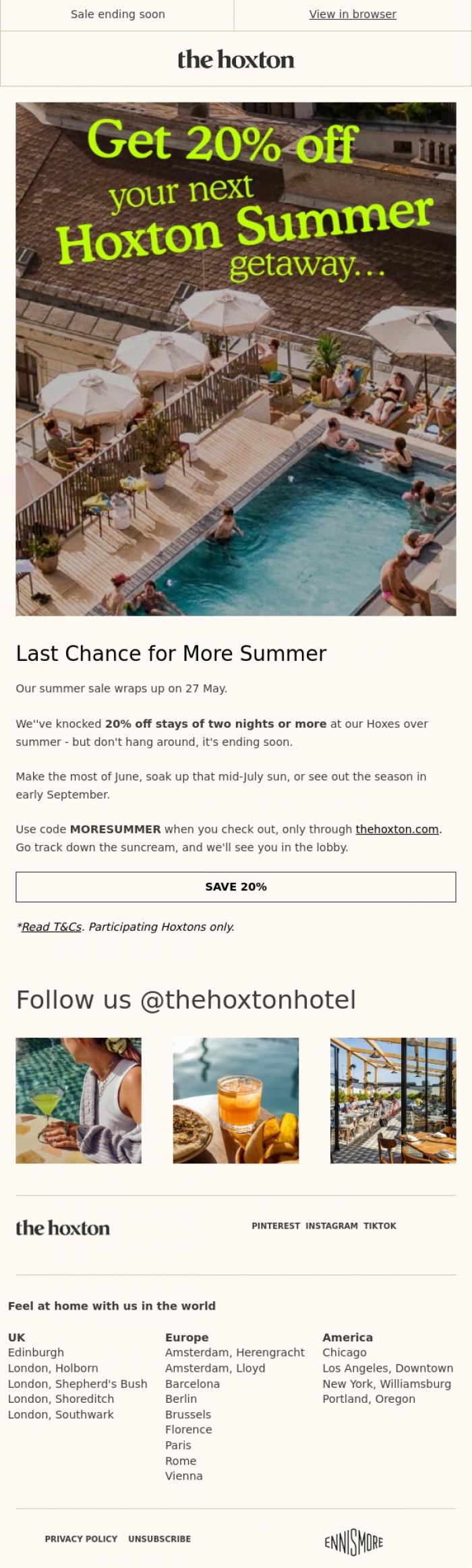 Email Design Inspiration from The Hoxton, Last chance for 20% off summer stays