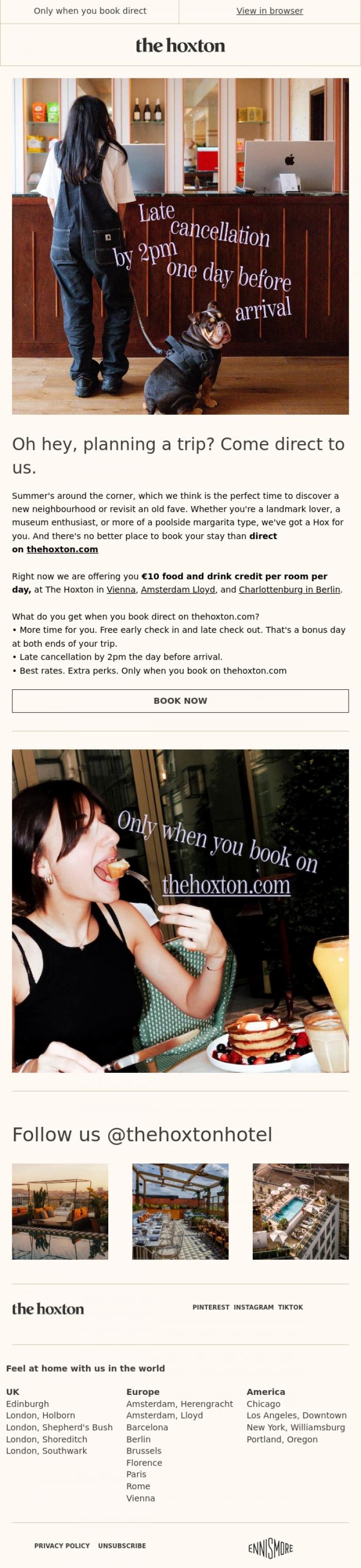 Email Design Inspiration from The Hoxton, Ending soon: &euro;10 free food & drink credit
