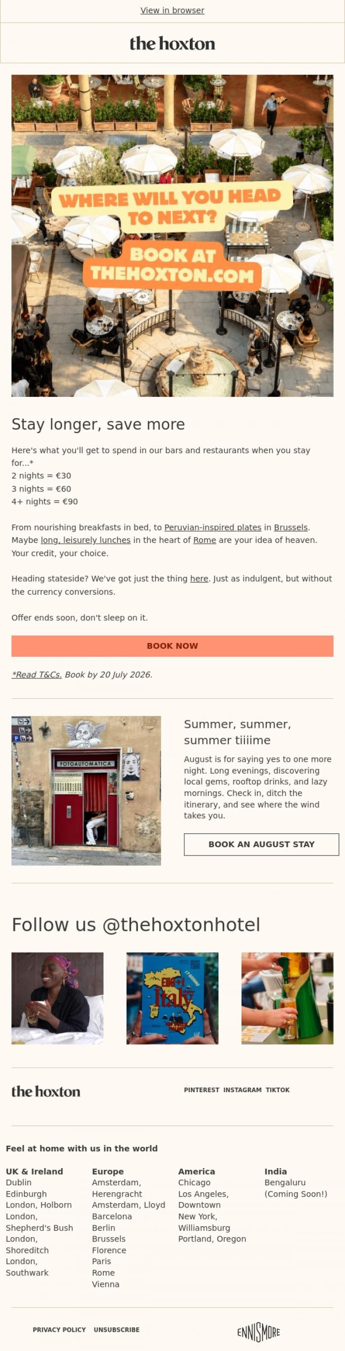 Email Design Inspiration from The Hoxton, Last call for food & drink on us 🍻
