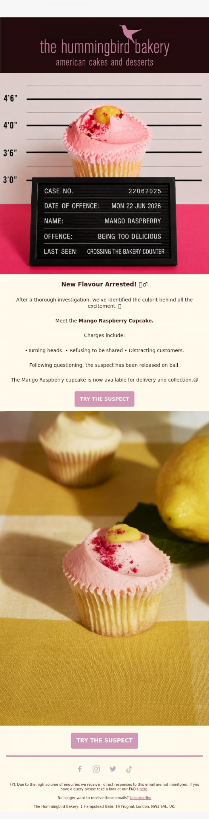 Email Design Inspiration from The Hummingbird Bakery Ltd, We've made an arrest!👮&zwj;♂️