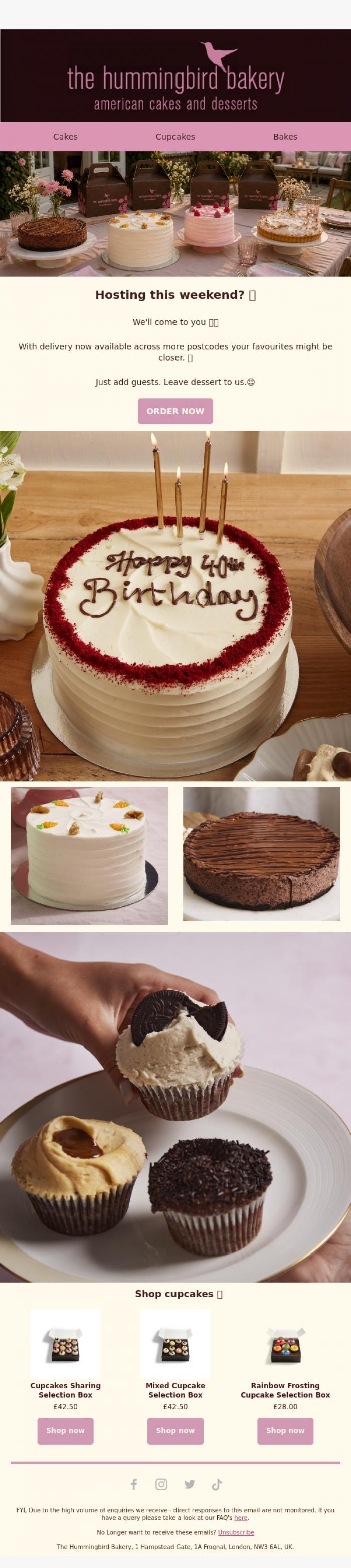 Email Design Inspiration from The Hummingbird Bakery Ltd, Craving Cake? We'll Come to You 🎂