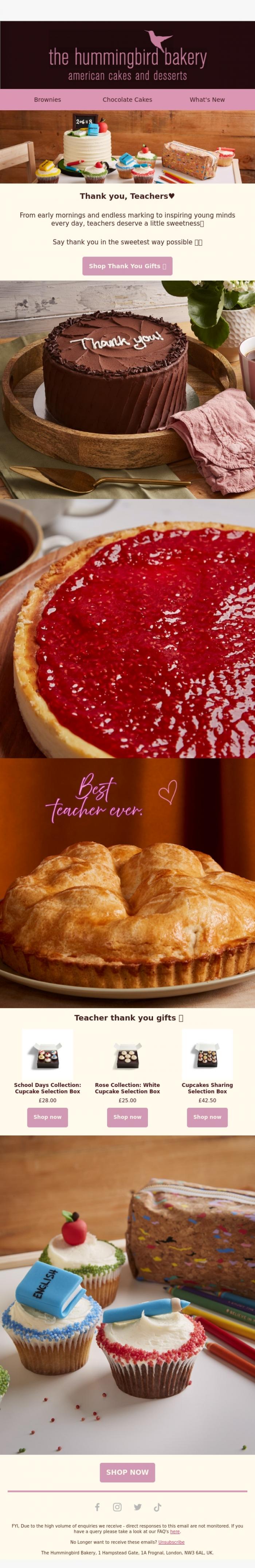 Email Design Inspiration from The Hummingbird Bakery Ltd, Thank You, Teachers! 🍎