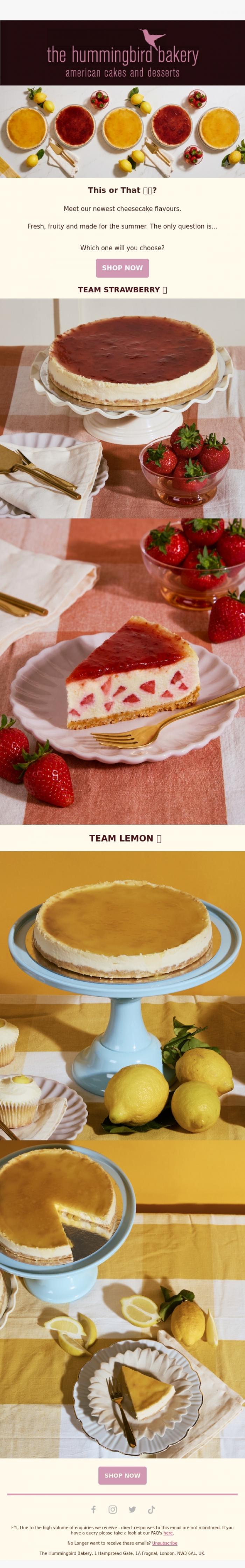 Email Design Inspiration from The Hummingbird Bakery Ltd, 🍓 This or 🍋 That?