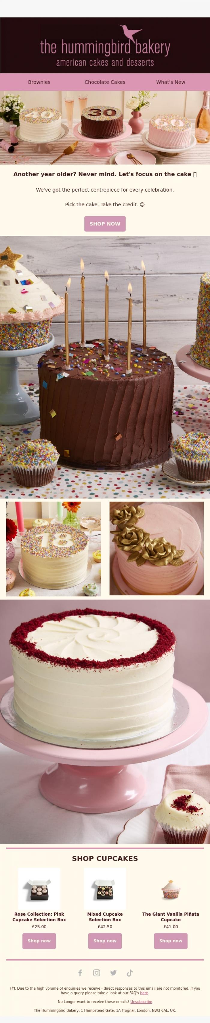 Email Design Inspiration from The Hummingbird Bakery Ltd, Another Year Older? We Can Help 🎂