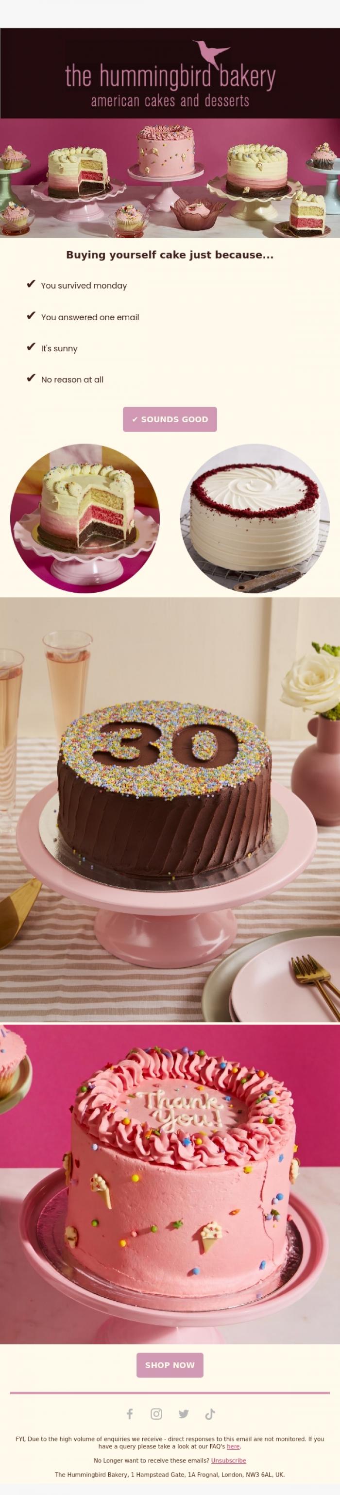 Email Design Inspiration from The Hummingbird Bakery Ltd, Nobody has to know... 🤫
