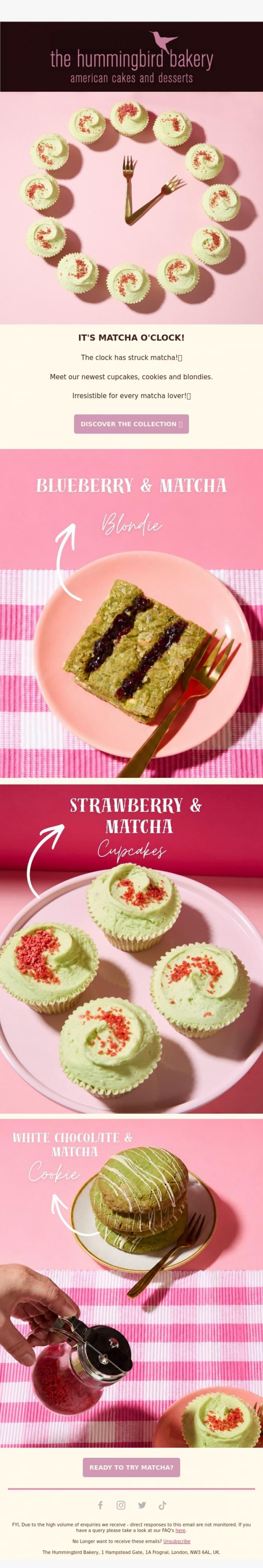 Email Design Inspiration from The Hummingbird Bakery Ltd, 🍵 It's Matcha O'Clock!