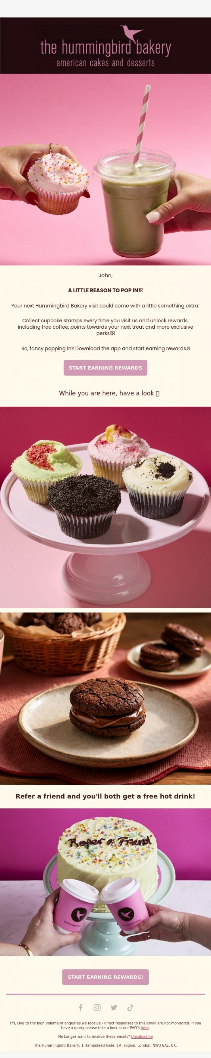 Email Design Inspiration from The Hummingbird Bakery Ltd, What if your next coffee is free? 👀