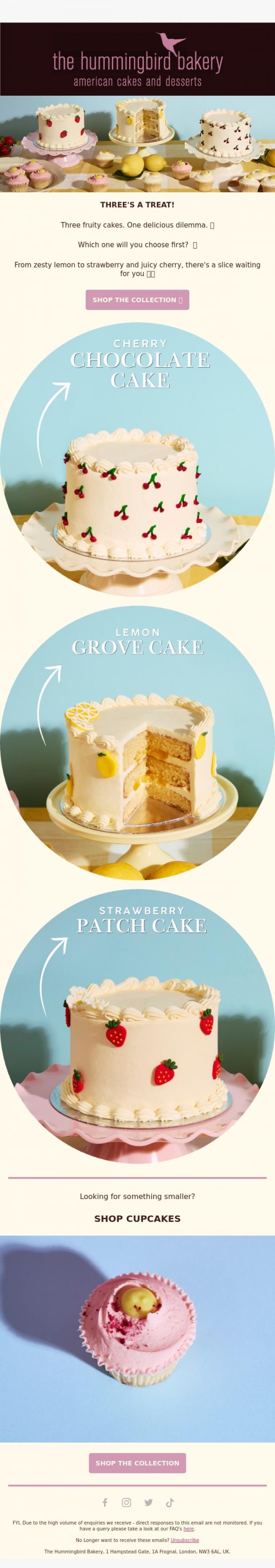 Email Design Inspiration from The Hummingbird Bakery Ltd, New cakes, fresh fruity flavours 🍓🍋🍒