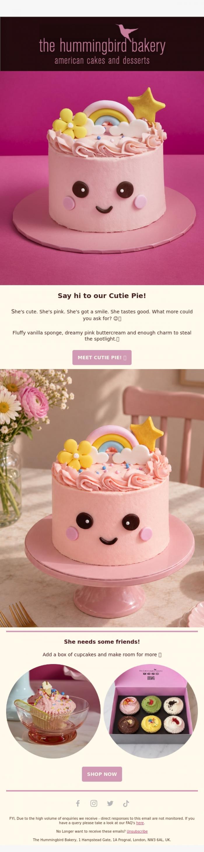 Email Design Inspiration from The Hummingbird Bakery Ltd, Say hi to Cutie Pie! 💗