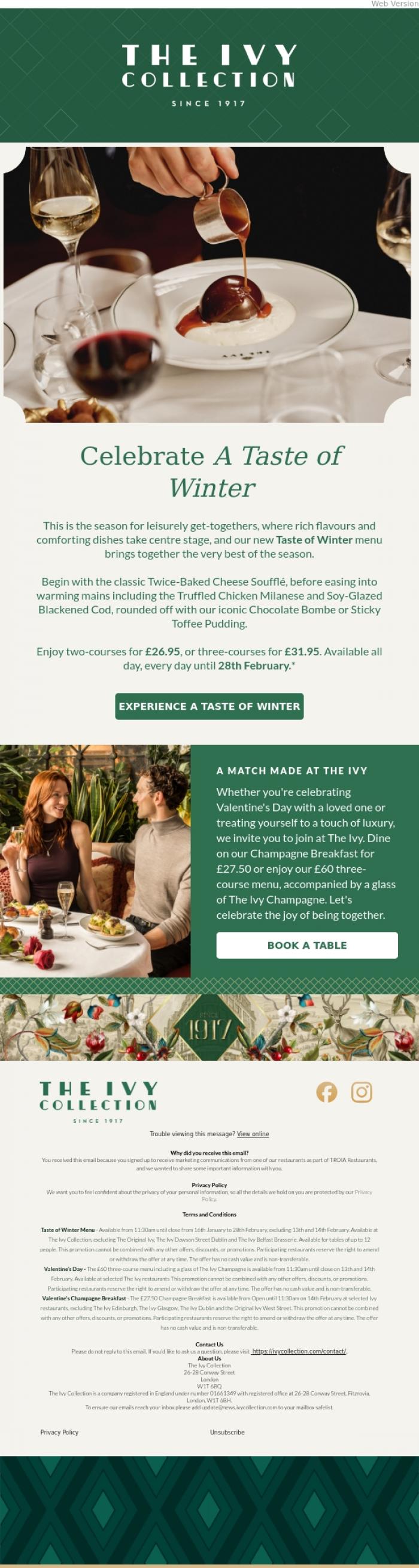 Email Design Inspiration from The Ivy Soho Brasserie, Discover Our Taste of Winter Menu