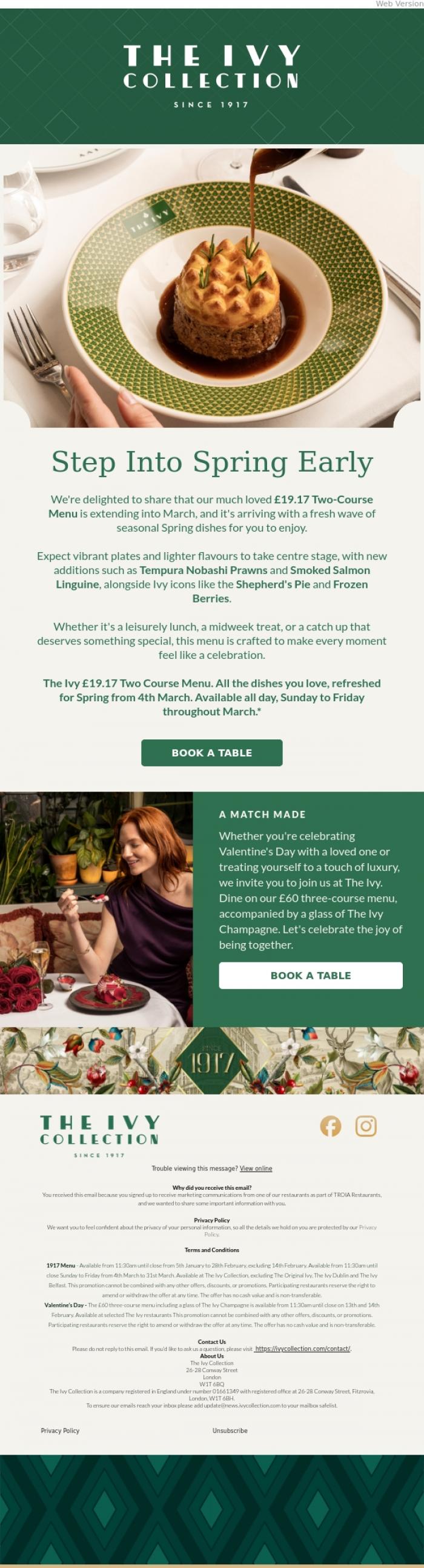 Email Design Inspiration from The Ivy Soho Brasserie, The &pound;19.17 Two-Course Menu