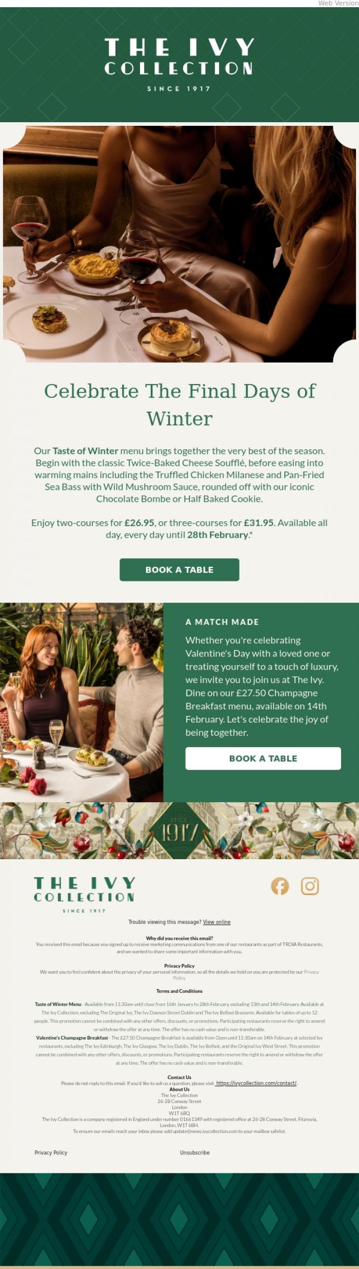 Email Design Inspiration from The Ivy Soho Brasserie, A Cosy Winter Escape, Served All Day