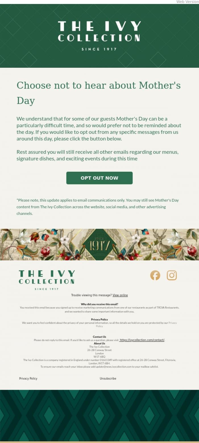 Email Design Inspiration from The Ivy Soho Brasserie, Prefer not to receive Mother's Day messages?
