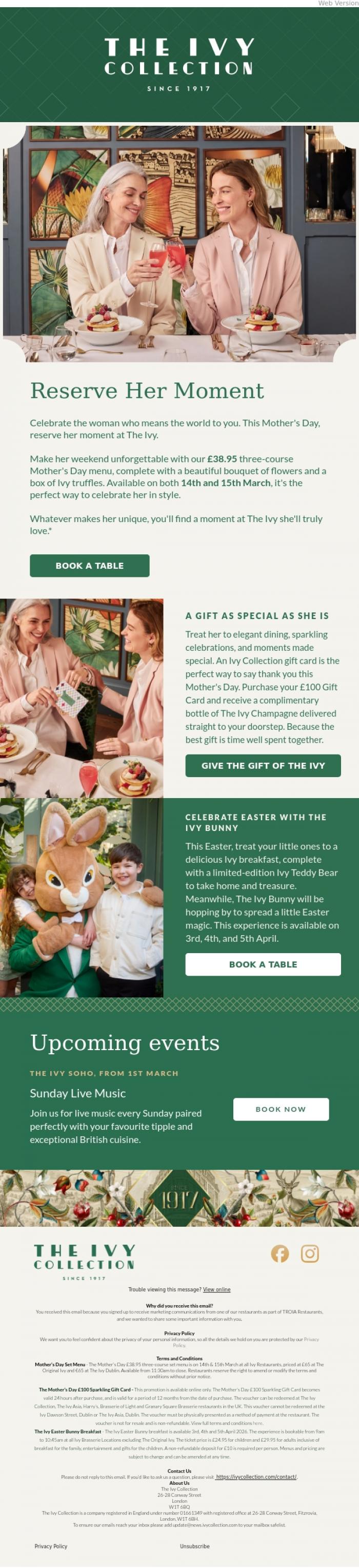 Email Design Inspiration from The Ivy Soho Brasserie, Treat Mum To An Unforgettable Experience
