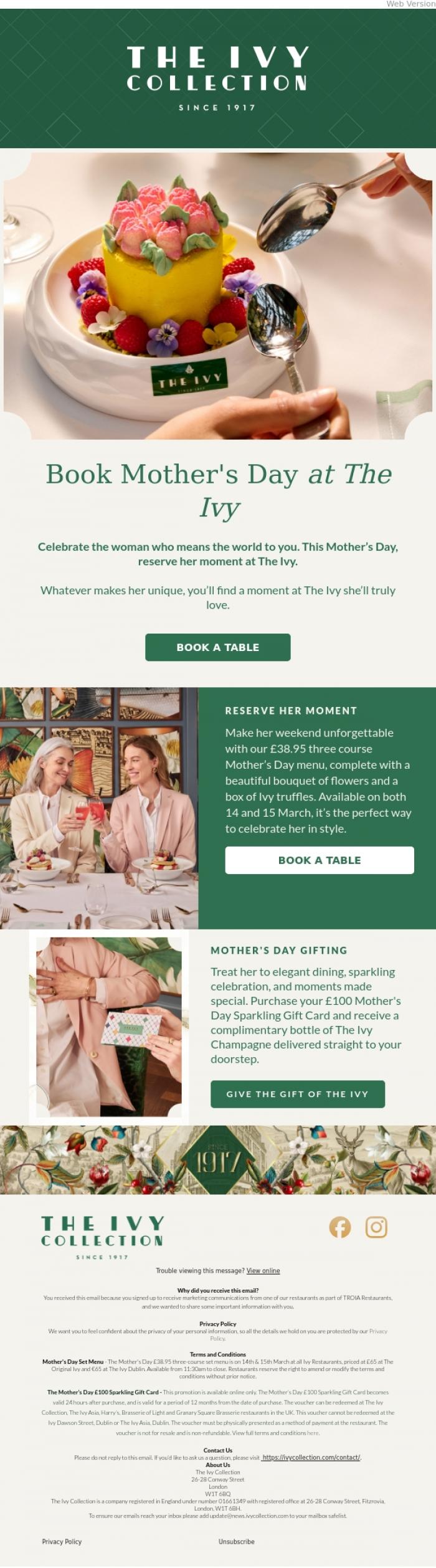 Email Design Inspiration from The Ivy Soho Brasserie, Treat Her To The Perfect Mother's Day