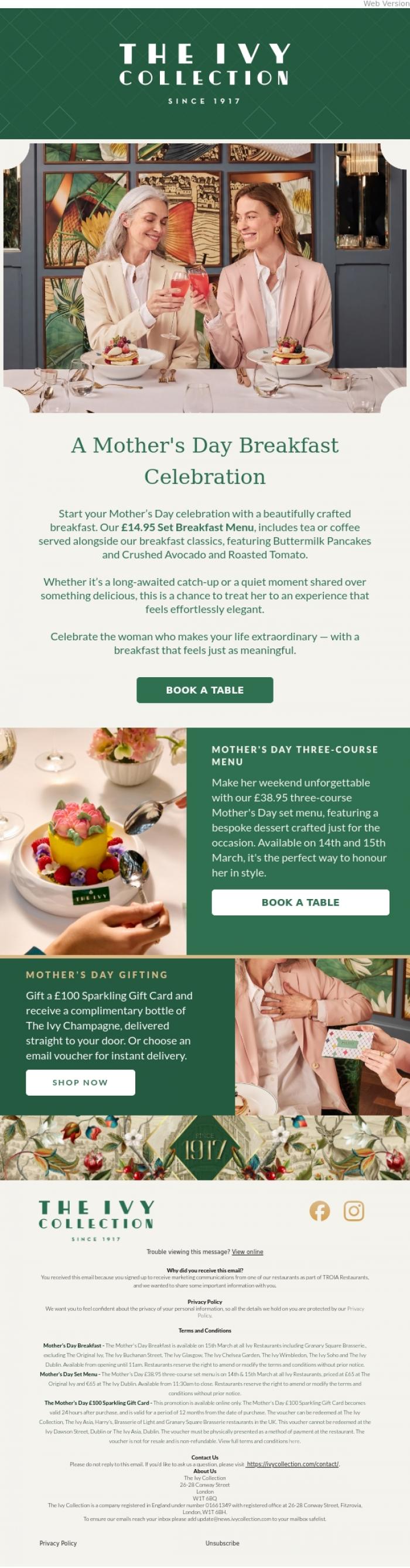 Email Design Inspiration from The Ivy Soho Brasserie, Join Us For A Mother's Day Breakfast