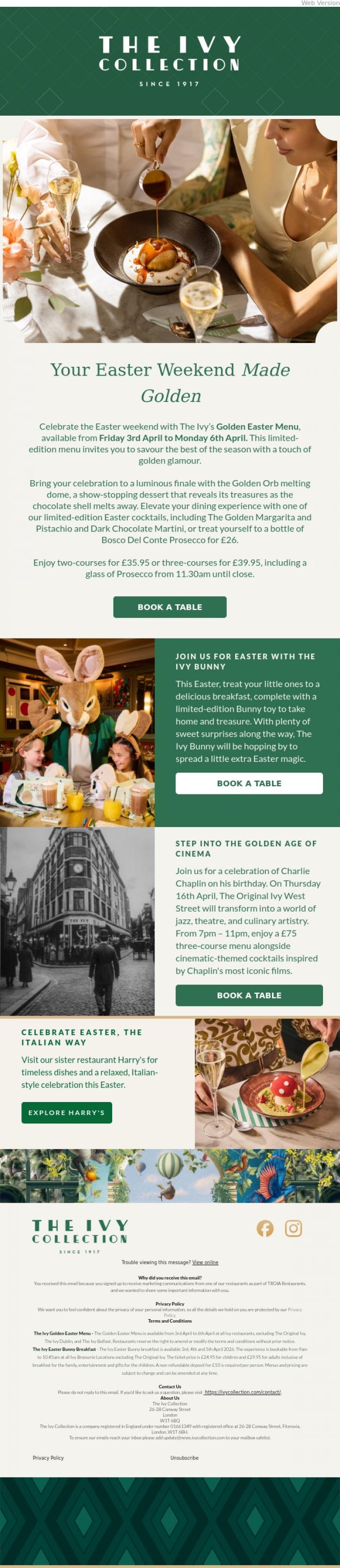 Email Design Inspiration from The Ivy Soho Brasserie, Your Invitation to a Memorable Easter Weekend