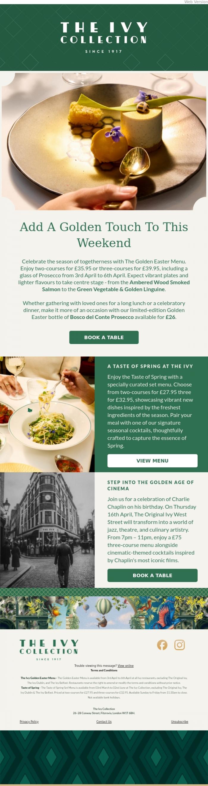 Email Design Inspiration from The Ivy Soho Brasserie, From Brunch to Dinner - Celebrate The Long Weekend In Style