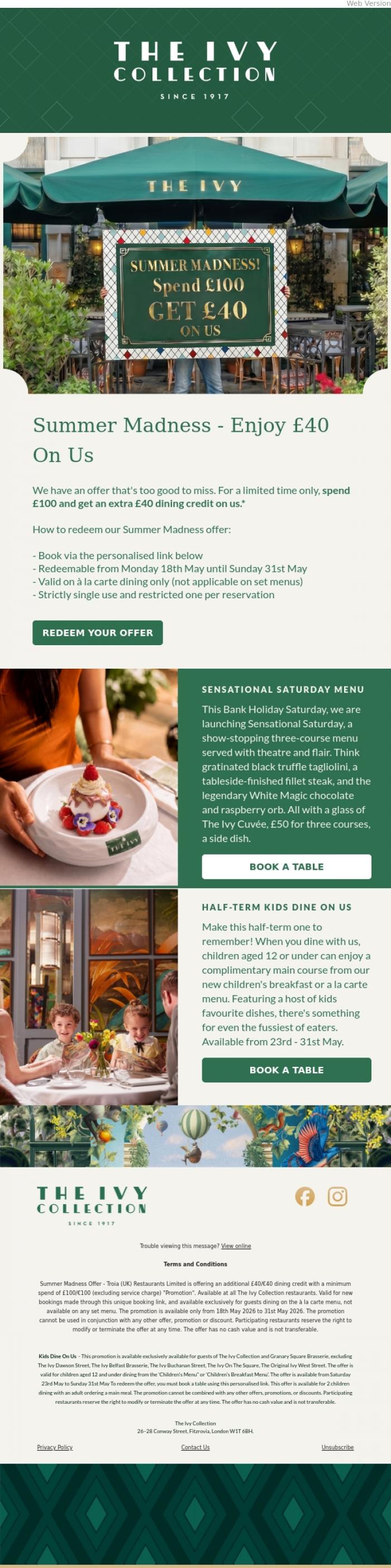 Email Design Inspiration from The Ivy Soho Brasserie, Summer Madness - Enjoy &pound;40 On Us