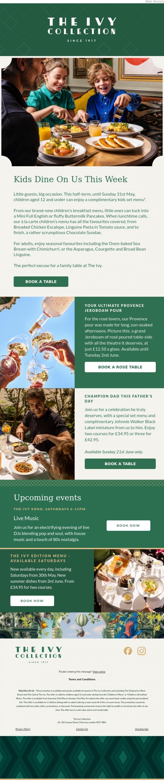 Email Design Inspiration from The Ivy Soho Brasserie, Kids Dine On Us This Week