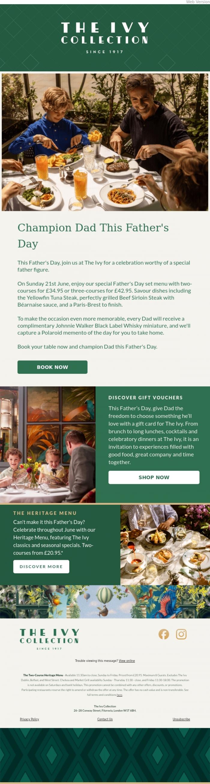 Email Design Inspiration from The Ivy Soho Brasserie, Champion Dad On Father's Day