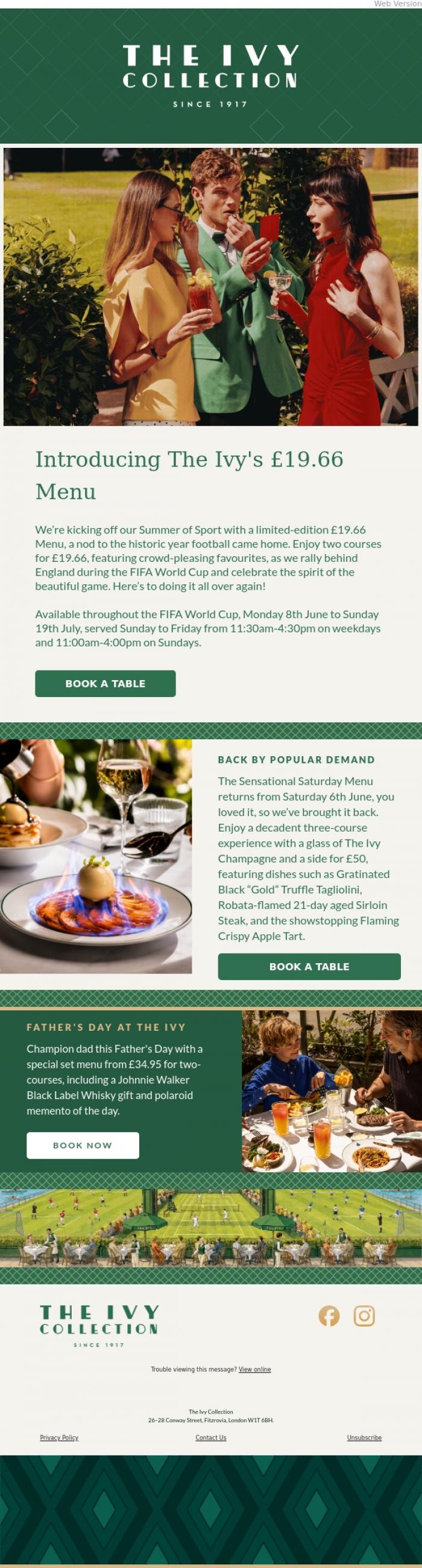 Email Design Inspiration from The Ivy Soho Brasserie, Introducing A Summer of Sport at The Ivy