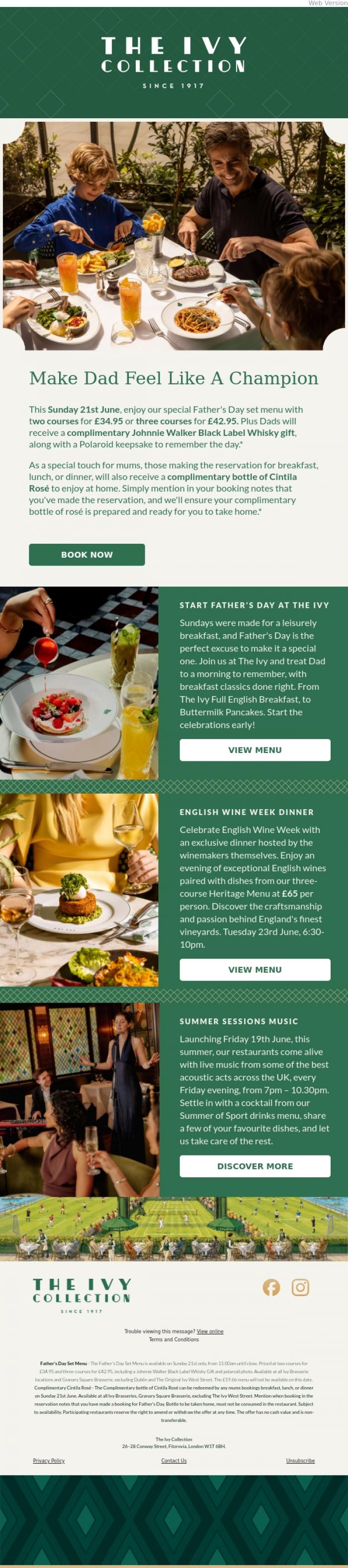 Email Design Inspiration from The Ivy Soho Brasserie, Father's Day Set Menu From &pound;34.95