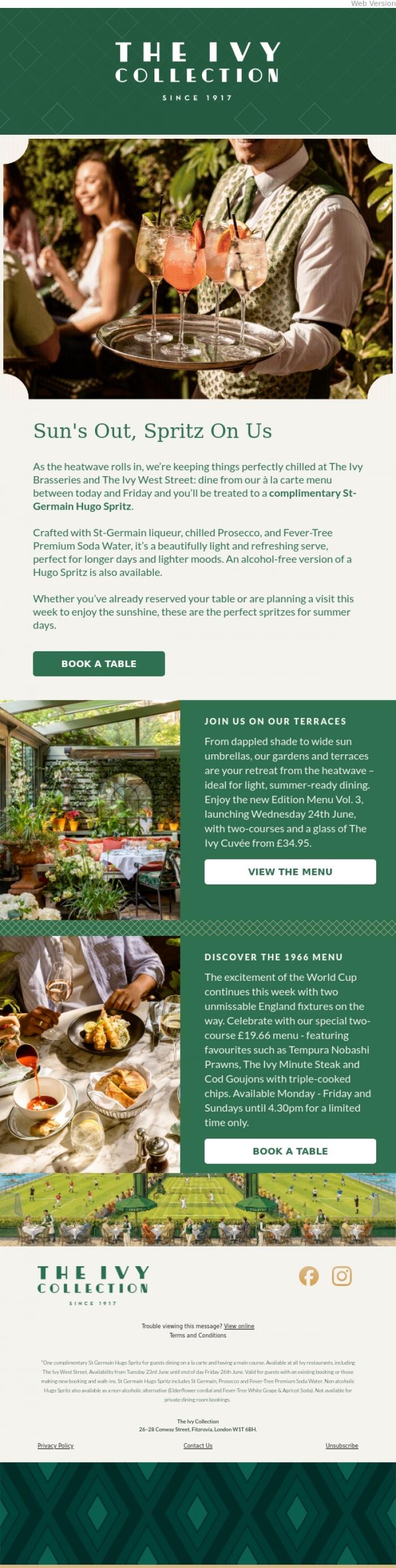 Email Design Inspiration from The Ivy Soho Brasserie, Enjoy A St-Germain Hugo Spritz On Us☀️