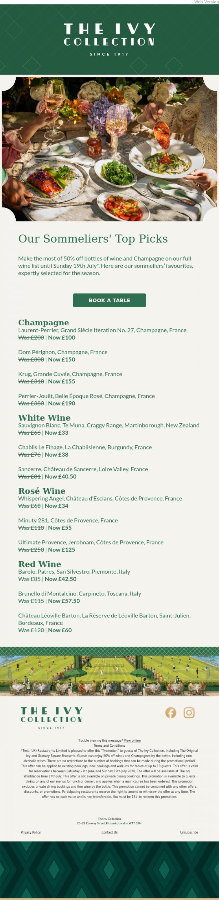 Email Design Inspiration from The Ivy Soho Brasserie, 50% Off Bottles of Wine & Champagne