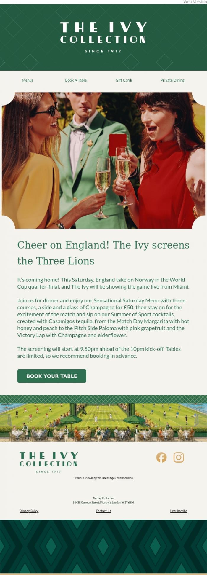 Email Design Inspiration from The Ivy Soho Brasserie, Watch England Live This Saturday at The Ivy⚽