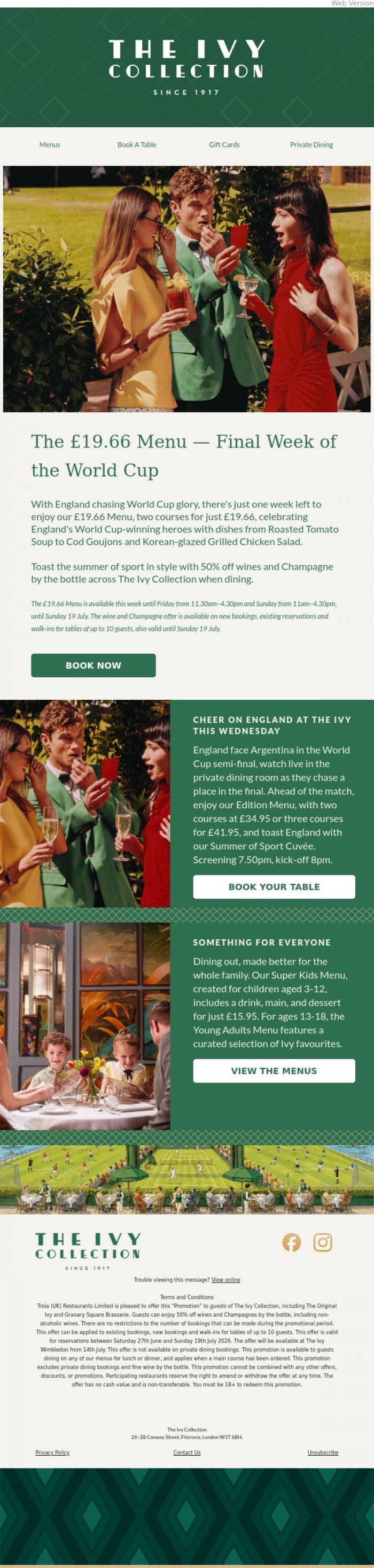 Email Design Inspiration from The Ivy Soho Brasserie, Just One Week Left: Our &pound;19.66 Menu Awaits⚽