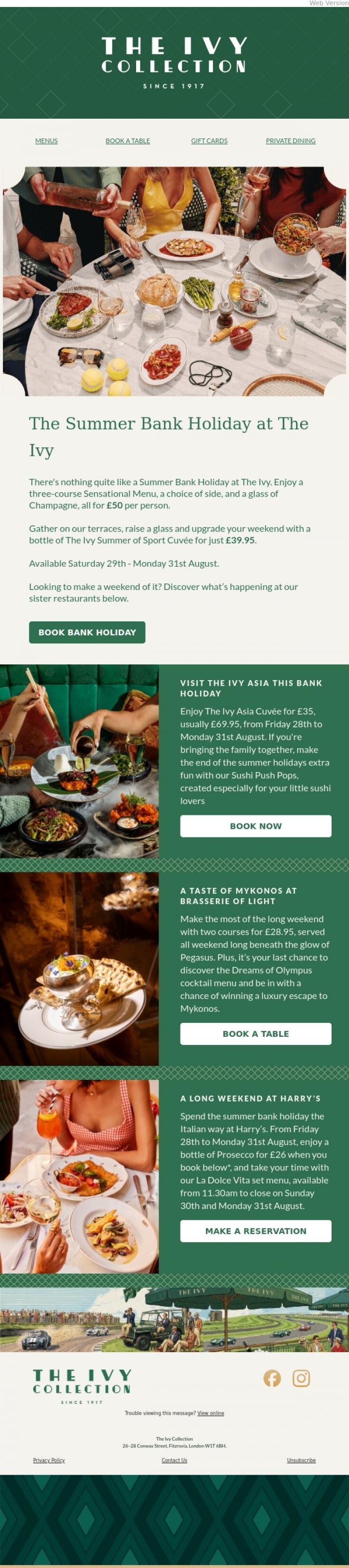 Email Design Inspiration from The Ivy Soho Brasserie, Summer Bank Holiday at The Ivy Awaits