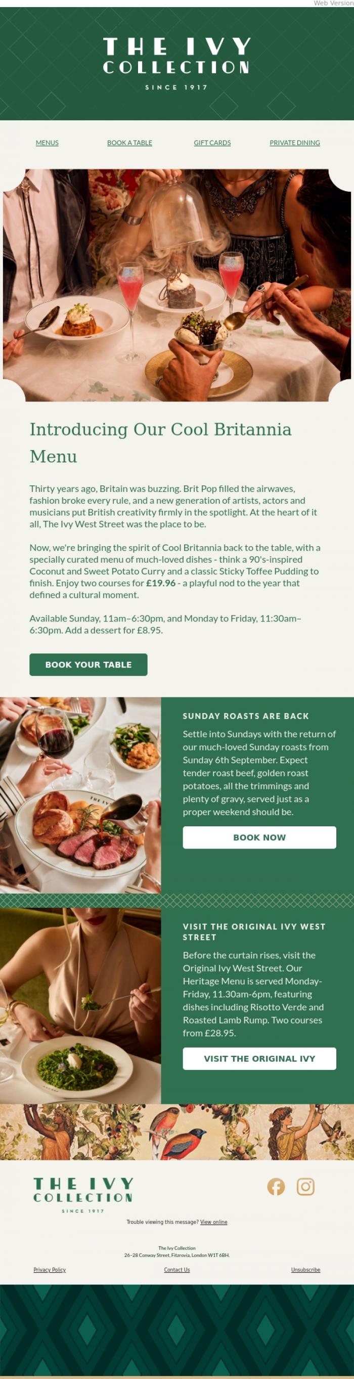 Email Design Inspiration from The Ivy Soho Brasserie, The Ivy Presents: Cool Britannia