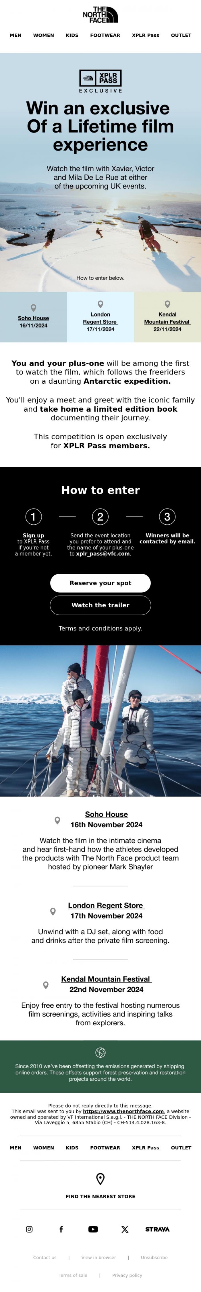 Email Design Inspiration from The North Face, Win tickets to the Of a Lifetime premiere with the De Le Rues