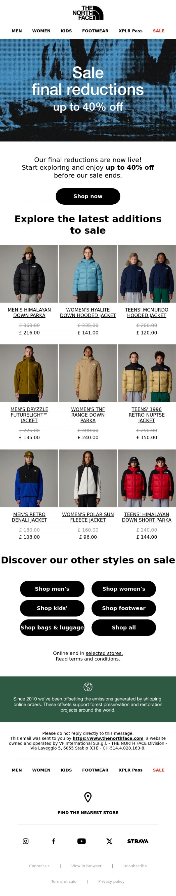 Email Design Inspiration from The North Face, Sale final reductions! Up to 40% off 💥