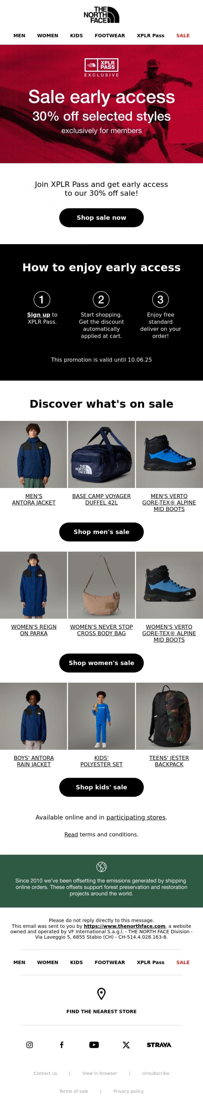 Email Design Inspiration from The North Face, Unlock 30% off - our early access sale starts now!